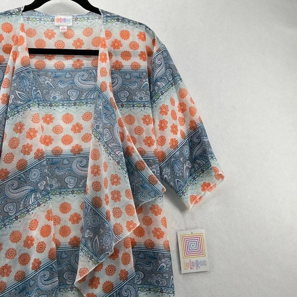 LuLaRoe Cover Up Womens Sz S Shirley Kimono Paisley Open Front Sheer Orange Blue - Picture 5 of 11